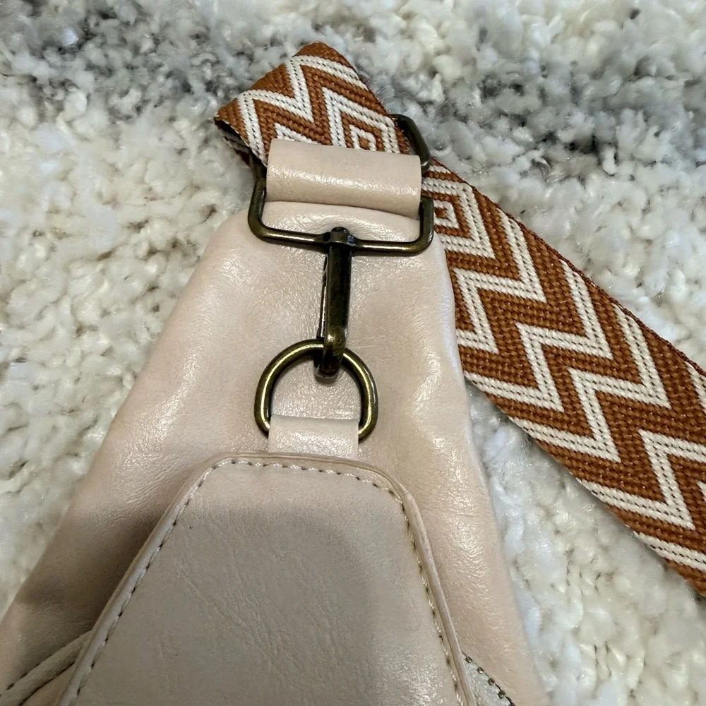 Cream Sling Bag with Patterned Strap